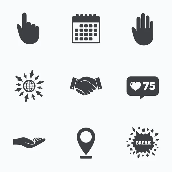 Hand icons. Handshake and click here