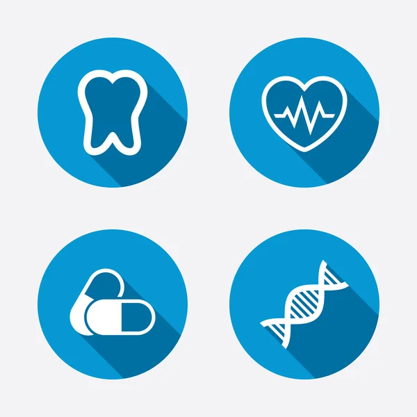 Medical icons. Pills, tooth, DNA and Cardiogram.