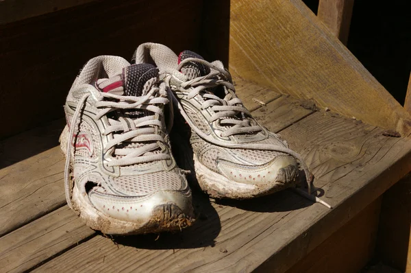 Well worn running shoes