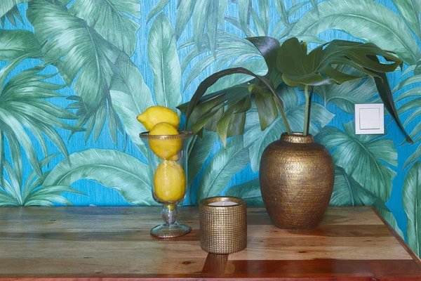 Indoor decoration set with green plant lemons tropical wallpaper