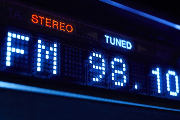 FM tuner radio display. Stereo digital frequency station tuned.