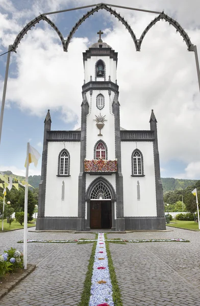 Traditional floral offering on Sete Cidades church. Sao Miguel i