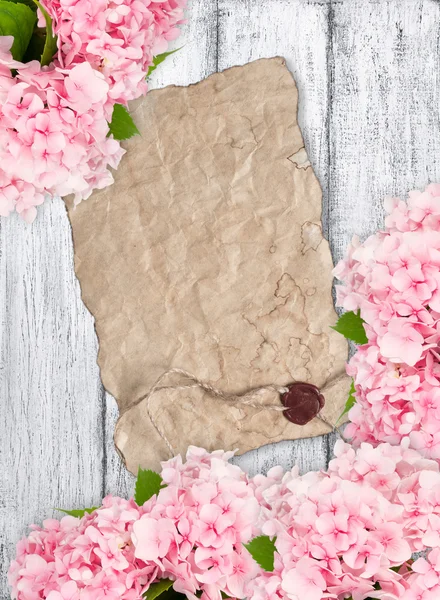 Hydrangeas and old paper with wax seal