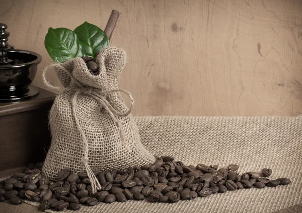 Coffee grains on sackcloth with bag and coffee mill.