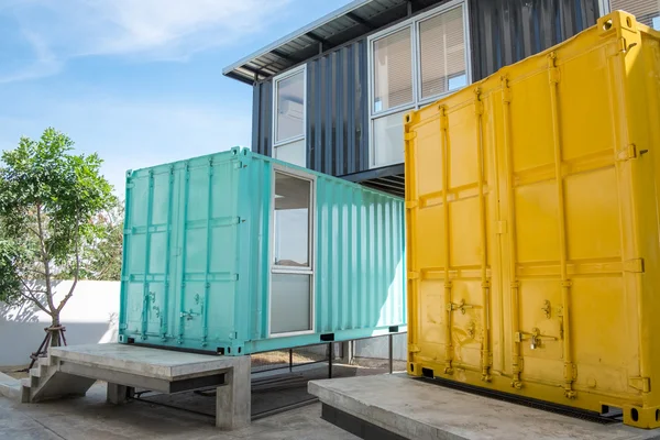 Colorful metal bulding made from shipping containers