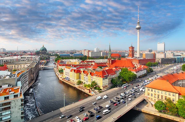Aerial view of Berlin skyline and Spree river in summer, Germany
