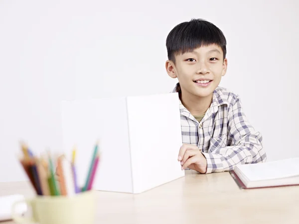 Asian schoolboy studying at home