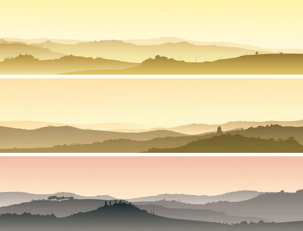 Horizontal banners of landscape of valley with manors at sunset.