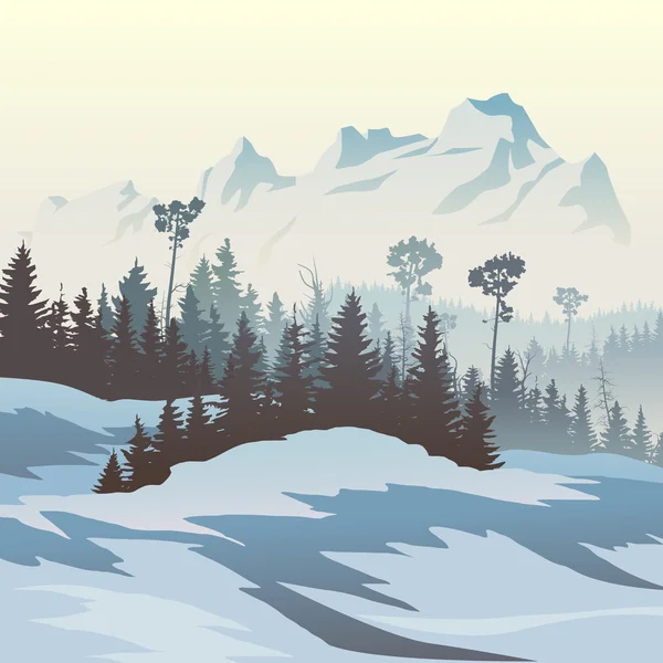 Illustration of winter coniferous forest with mountains.