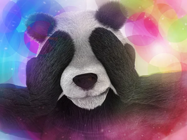Sick character panda bamboo junkie experiencing strong hallucinations and fear closes the muzzle paws. Psychedelic condition of the animal.