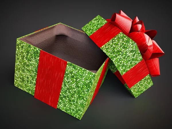 Opened gift present box isolated on dark background. mosaic pattern. render cg illustration purple cap lid violet empty present case on vivid gradient and space text placement isolated on dark