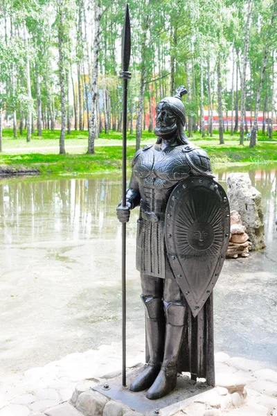 Sculpture black knight with shield and spear cast iron