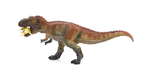 Tyrannosaurus bites a smaller dinosaur on a white background