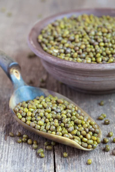 Dry green Mung beans in a clay bowl and in the scoop on wooden t