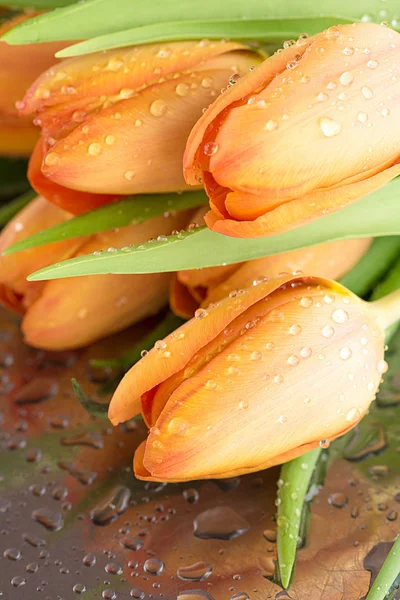 A bouquet of tulips with water drops lying on a silver tray