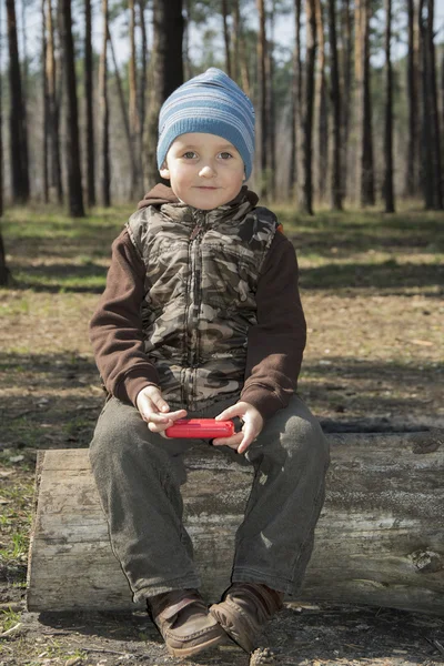In the spring of a little boy sitting on a log in the forest.