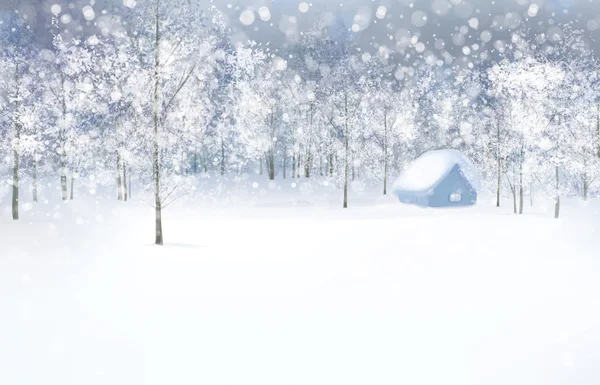 Winter scene with house in forest.