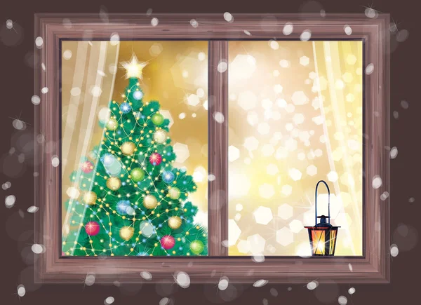 Window with Christmas tree and lantern