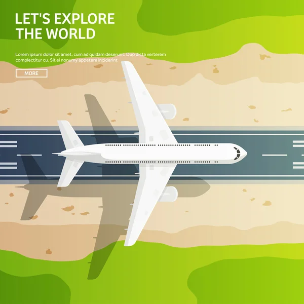 Vector illustration. Travel and tourism. Airplane, aviation. Summer holidays, vacation. Plane landing. Flight, air travelling.  Sky, aerial background. Journey.