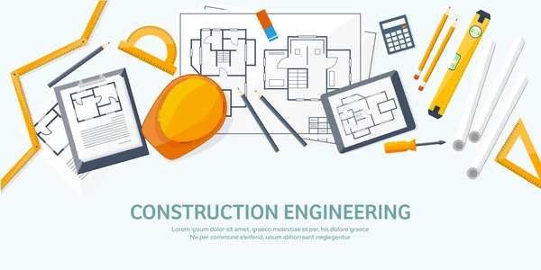 Vector illustration. Engineering and architecture. Drawing, construction.  Architectural project. Design, sketching. Workspace with tools. Planning, building.