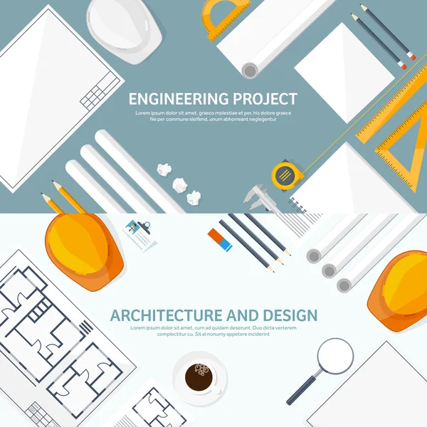 Vector illustration. Engineering and architecture. Drawing, construction.  Architectural project. Design, sketching. Workspace with tools. Planning, building.