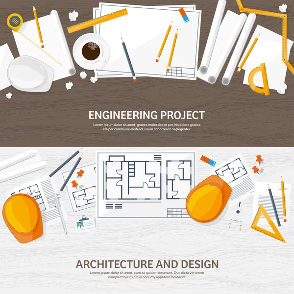 Vector illustration. Engineering and architecture. Drawing, construction.  Architectural project. Design, sketching. Workspace with tools. Planning, building. Wooden background.