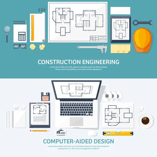Vector illustration. Engineering and architecture. Notebook, computer . Drawing, construction.  Architectural project. Design, sketching. Workspace with tools. Planning, building.