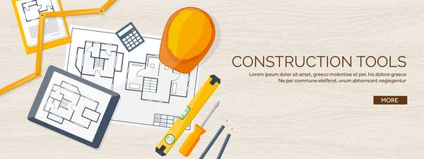Vector illustration. Engineering and architecture. Drawing, construction.  Architectural project. Design, sketching. Workspace with tools. Planning, building. Wooden background.