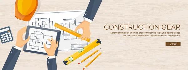 Vector illustration. Engineering and architecture. Drawing, construction.  Architectural project. Design, sketching. Workspace with tools. Planning, building. Wooden background.