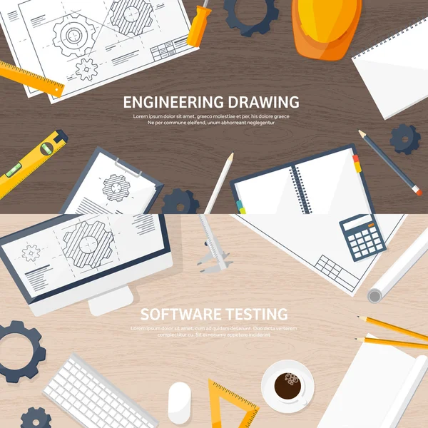 Vector illustration. Engineering and architecture. Computer. Drawing, construction.  Architectural project. Design, sketching. Workspace with tools. Planning, building. Wooden background.