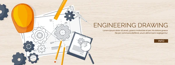 Vector illustration. Engineering and architecture. Drawing, construction.  Architectural project. Design, sketching. Workspace with tools. Planning, building. Wooden background.