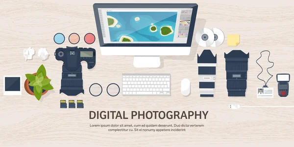 Photographer equipment on a table. Photography tools, photo editing, photoshooting flat background.  Digital photocamera with lens. Vector illustration. Wood. Wooden.
