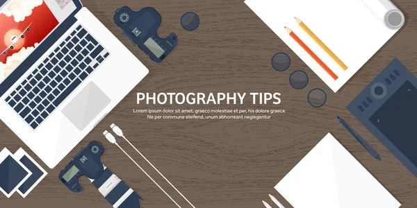 Photographer equipment on a table. Photography tools, photo editing, photoshooting flat background.  Digital photocamera with lens. Vector illustration. Wood. Wooden.