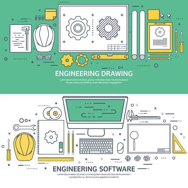 Lined, outline. Vector illustration. Engineering and architecture. Computer, software. Drawing, construction. Architectural project. Design, sketching. Workspace with tools. Planning, building.