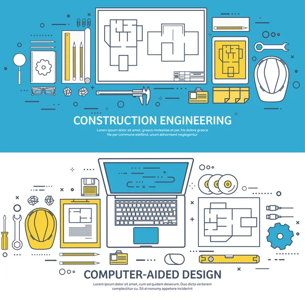 Lined, outline. Vector illustration. Engineering and architecture. Notebook, software. Drawing, construction. Architectural project. Design, sketching. Workspace with tools. Planning, building.