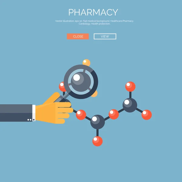 Vector illustration with hand and search loupe. Flat health care and medical research background. Chemical equipment.