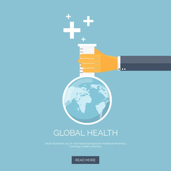 Vector illustration. Flat background with hand and flask. Globe. Global health concept background.