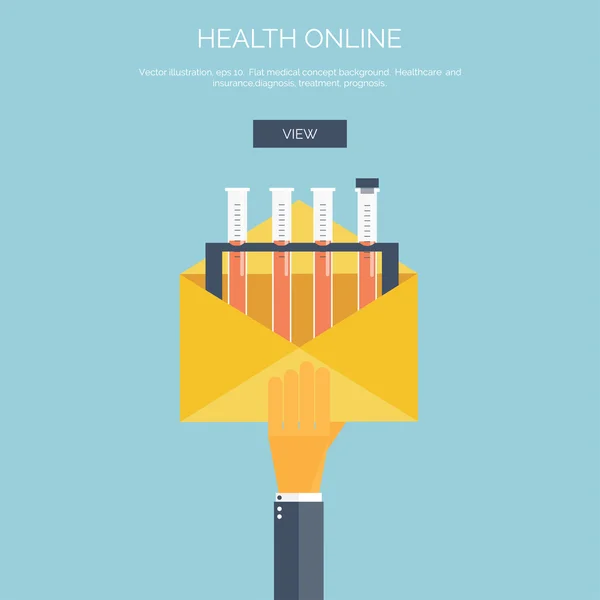 Vector illustration. Flat background with hand and letter. Medical flask. Medicine online concept background.