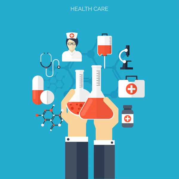 Flat health care and medical research background. Healthcare system concept. Medicine and chemical engineering.
