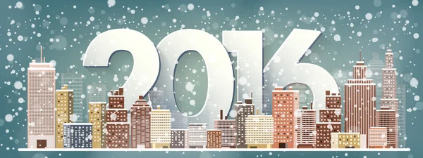 2016. Vector illustration. Winter urban landscape. City with snow. Christmas and new year.  Cityscape. Buildings.