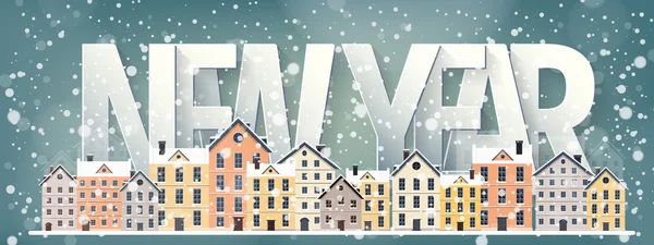 Vector illustration. Winter urban landscape. City with snow. Christmas and new year.  Cityscape. Buildings.