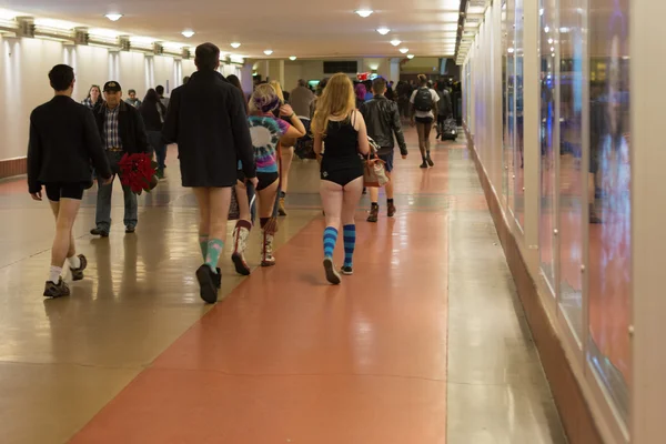 People without pants arriving in Union Station during the \