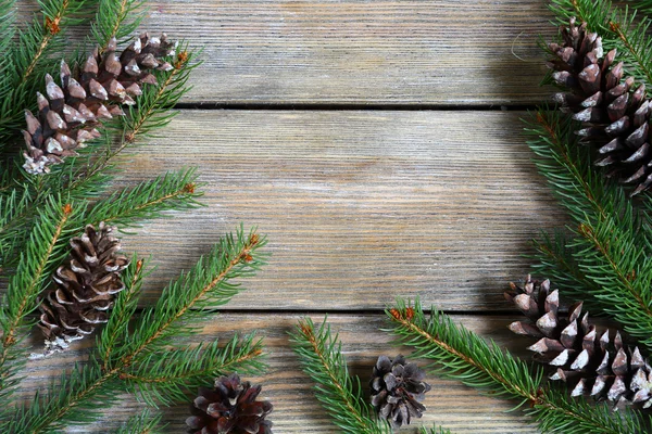 Xmas frame with green pine branch with cones on boards