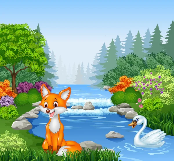 Cartoon fox and swan with Beautiful river in forest