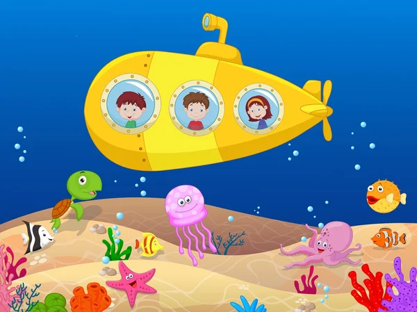 Happy kids cartoon in submarine