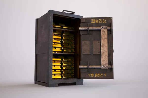 Gold bullion bars in an old rusty steel safe