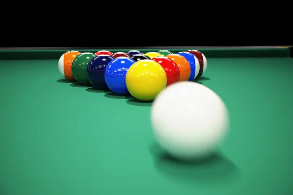 Breaking the rack in pool. Billiards shot cue ball