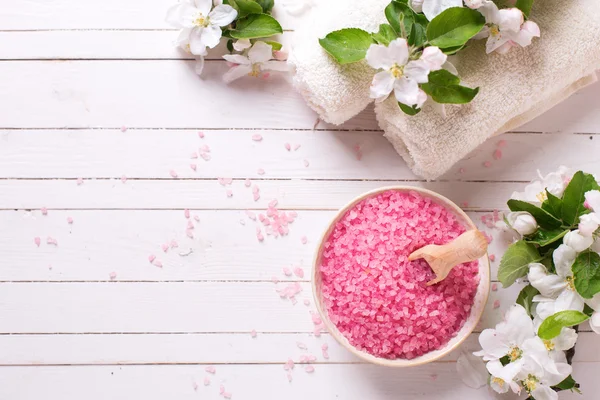 Pink sea salt and flowers