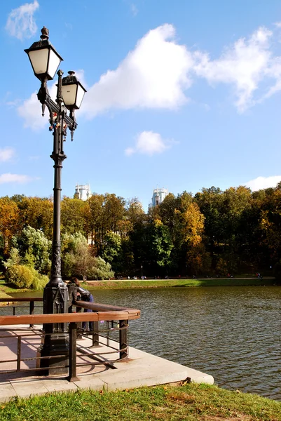 Lantern in the historic style on a background of autumn trees in the park Tsaritsyno