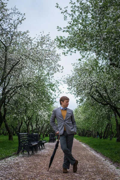 A young man in a gray suit with a black umbrella-cane on the track in the lush apple orchard